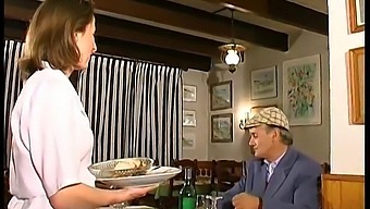 French Brunette Enjoys A Threesome In A Restaurant, Captured By Papy Voyeur